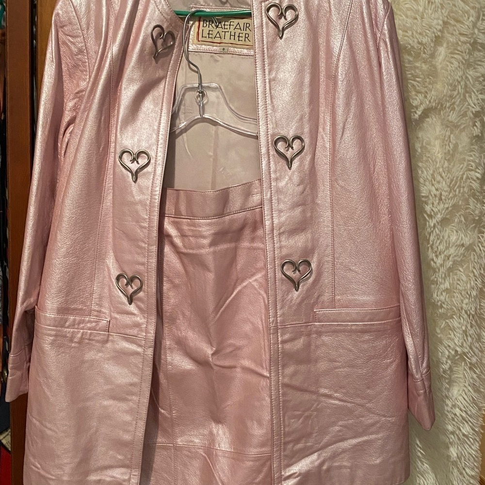 Braefair leather metallic light pink vintage jacket with matching skirt.